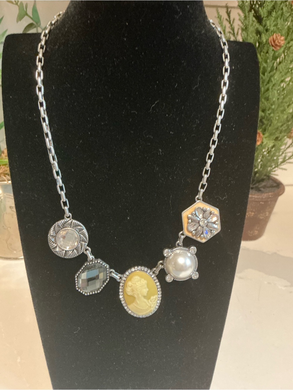 Elegant Cameo Cluster Necklace - Yellow and Silver Accent